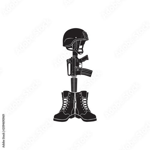 Memorial Day Soldier Silhouette. A lone military soldier standing in profile isolated on white background, symbolizing remembrance, sacrifice, veteran honor, military tribute, and Memorial Day.