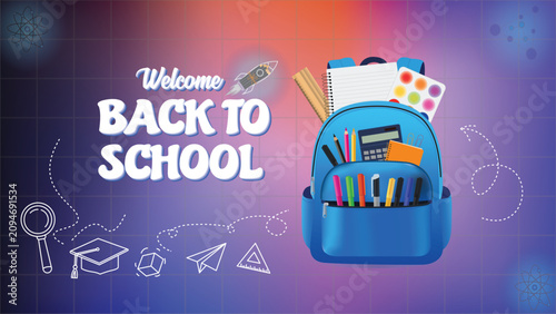 Welcome Back to School with Blue Backpack and Colorful School Supplies on Gradient Background