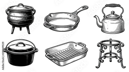 Cuadro en lienzo Vintage Kitchenware Set: Cast Iron Pots, Pans, Kettle, Roaster, Trivet