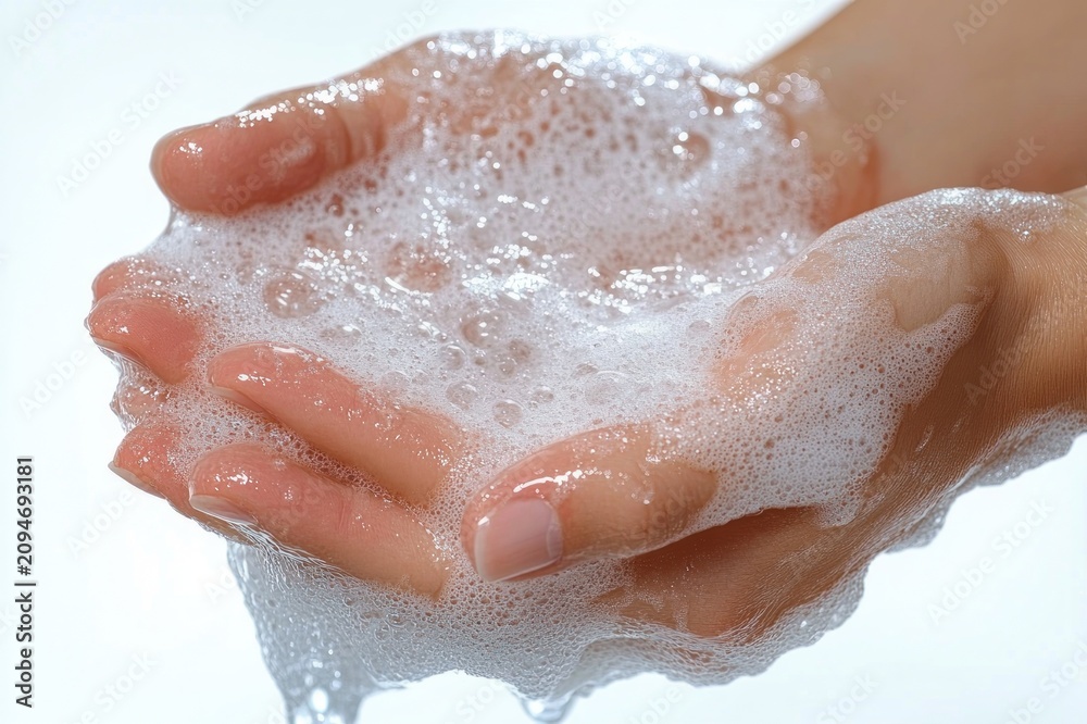Fototapeta premium Cupped hands holding soap suds and water with bubbles on a bright white background, conveying cleanliness, freshness and gentle care