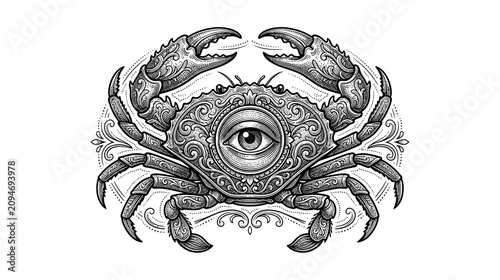Φωτογραφία Mystical Crab with Eye Tattoo Art, Zodiac Cancer Symbol