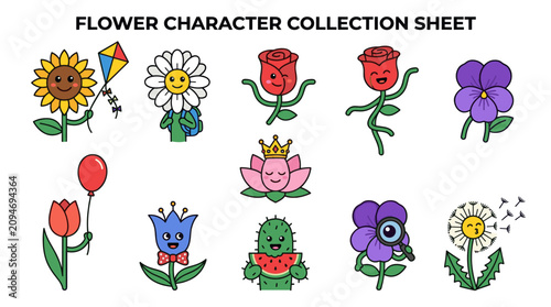 Foto Cute anthropomorphic flower characters and floral icons set.