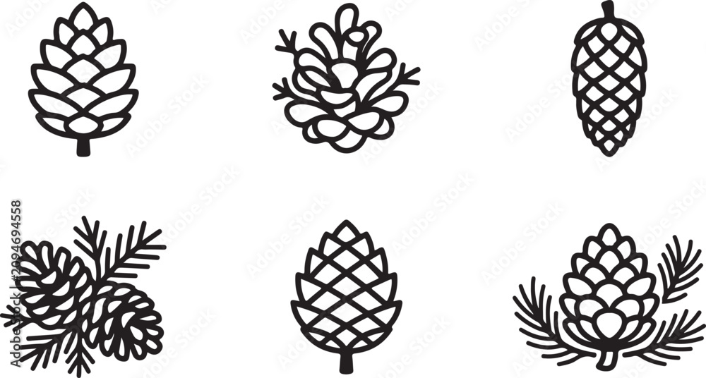 Fototapeta premium Black and white pine cone and needle illustrations set Vector