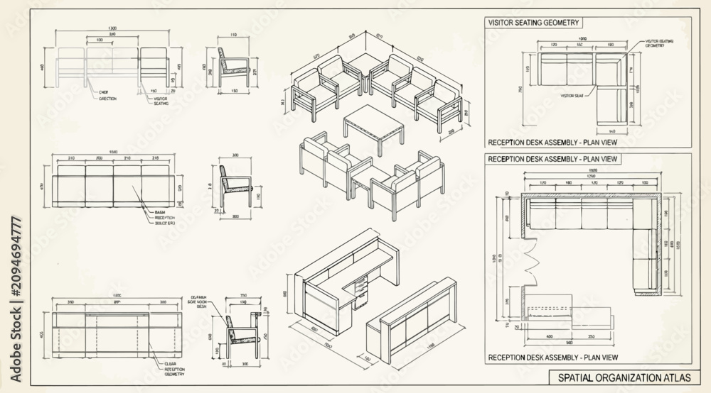 Fototapeta premium Architectural technical drawing of office reception furniture layouts and dimensions