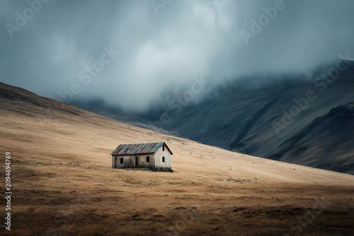 Lonely house stands in a vast field under a cloudy sky in a remote mountainous area