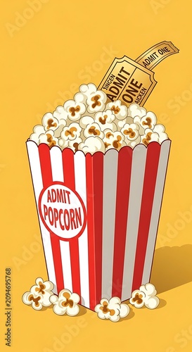 Striped Popcorn Bucket Filled with Popcorn and Movie Tickets on Yellow Background