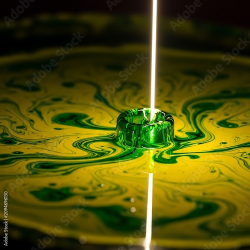 Bright Laser Beam Passing Through Green Glass Ring on Swirling Liquid Surface