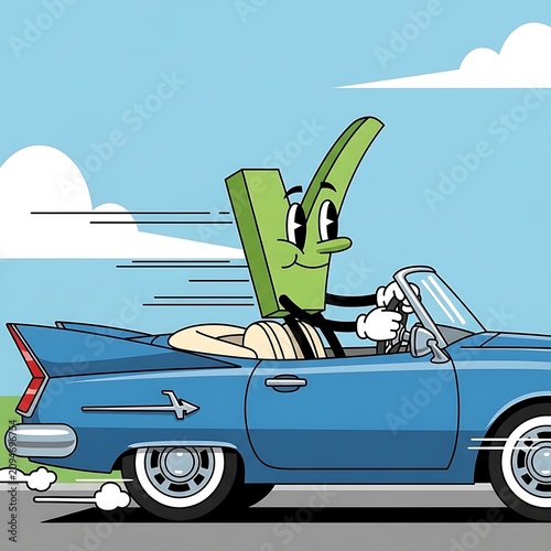 Green Cartoon Character Driving Blue Convertible Car on Sunny Road