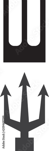 Black vector silhouette icons of a pointed trident and a stylized three pronged symbol