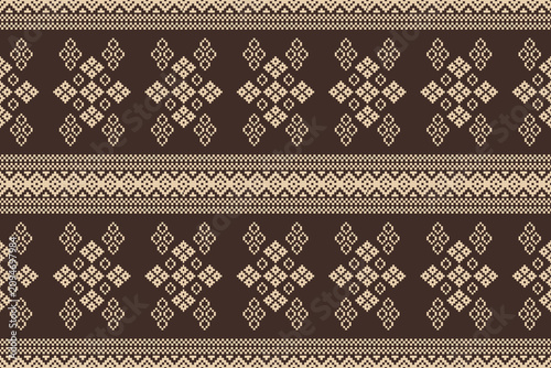 Abstract tribal ethnic pattern in brown colorful background motif pixel art embroidery.