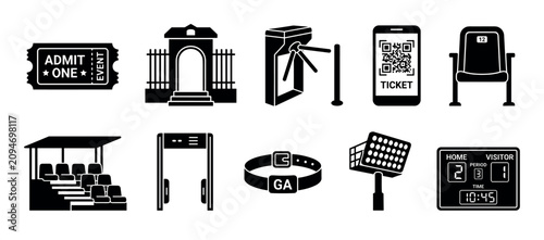 Event access and stadium elements icons depicting essential items such as tickets, entry gates, seating, security checks, and scoreboards.