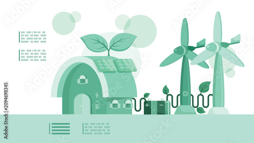 Eco House Powered by Wind Turbines and Solar Energy Vector Illustration