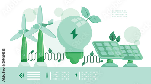 Renewable Energy Concept with Green Light Bulb Solar Panels and Wind Turbines Vector Illustration