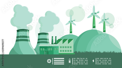 Green Factory and Eco Industrial Plant with Wind Turbines Vector Illustration