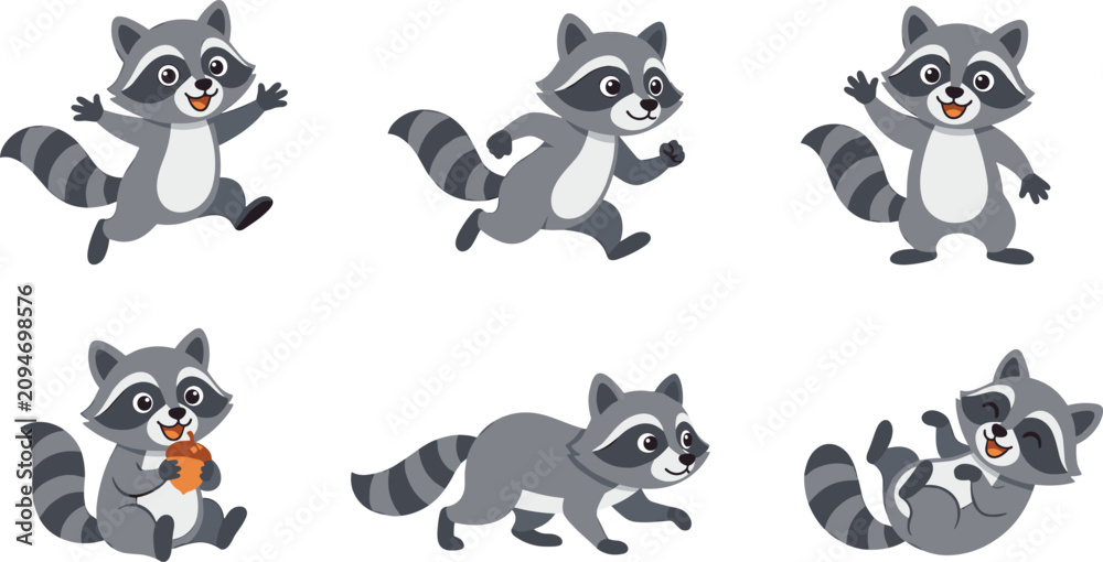 Obraz premium Cute raccoon cartoon vector illustration collection featuring running, waving, standing, sitting and playful woodland wildlife character poses isolated on white background