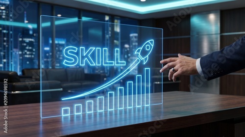 Professional businessman touching glowing digital interface with skill growth chart and rocket icon for career development and success concept