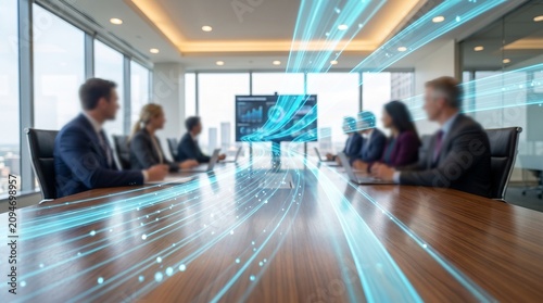 Business team in boardroom with glowing blue digital data flow lines connecting information across meeting table in high tech office environment