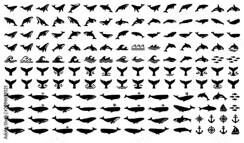 Photos Whale Vector Silhouette Collection with Ocean Wildlife and Conservation Icons