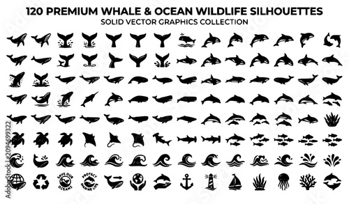 Foto Marine Whale Silhouette Collection with Ocean Conservation Vector Icons
