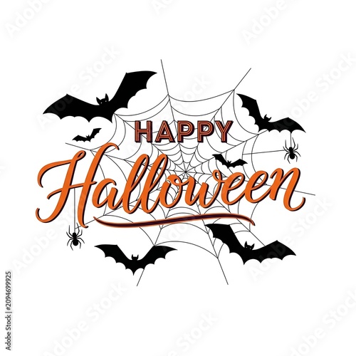 Festive Happy Halloween Text with Bats and Spider Web on White Background