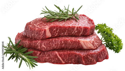 Isolated raw marbled beef steaks stacked with fresh rosemary and parsley on top