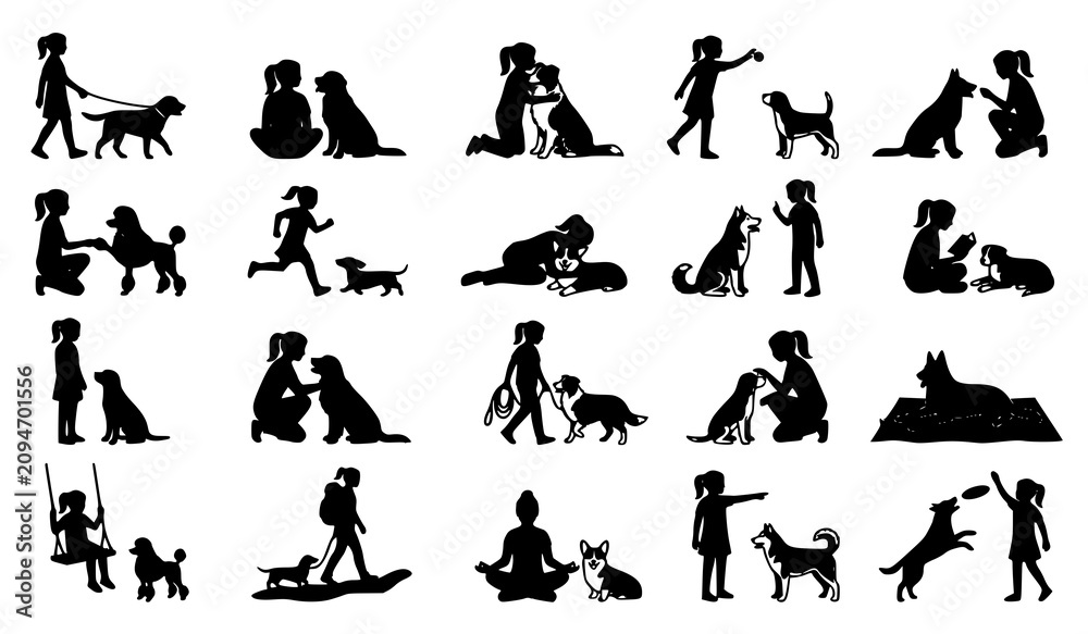 Obraz premium Girl with Pet Dog Silhouette Vector Collection Modern Canine Companion Illustration Isolated on White Background