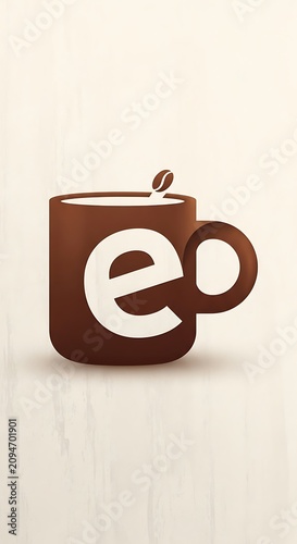Stylized Brown Coffee Cup Logo Resting on Minimal Cream Background
