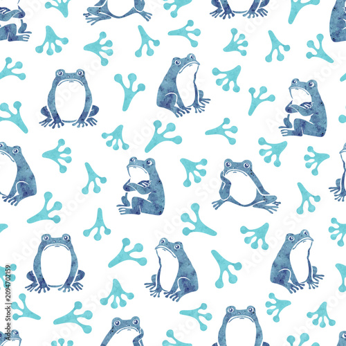Cute watercolor frogs and tracks seamless pattern. Vector print with toads