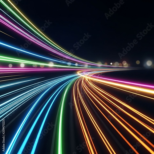 Vibrant Neon Light Trails Curving Through Dark Night City Road