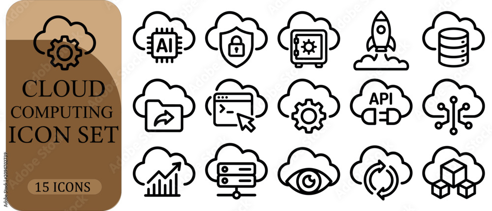 Obraz premium Cloud computing icon set with 15 icons, modern line style network technology symbols, digital storage and data security vector graphics