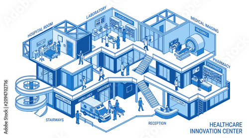 Isometric illustration of a modern healthcare innovation center with various medical departments and staff.