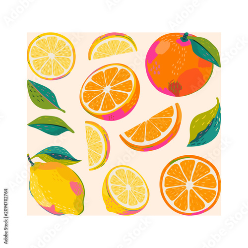 Doodle citrus fruits set. Lemons and orange fruit vector illustration. T-shirt trendy print