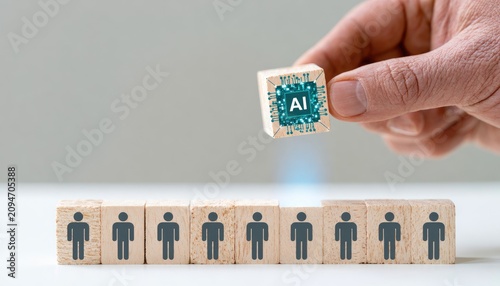Hand places AI cube on top of row of silhouette figures, highlighting innovation