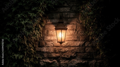 Ornate lantern casts warm glow on textured stone wall, framed by dark foliage