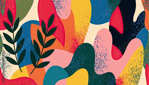 Abstract organic shapes and botanical elements in vibrant contrasting colors