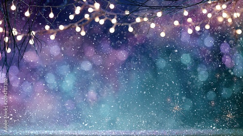 Soft focus festive fairy lights illuminate a magical, sparkling, dreamy, wintery scene