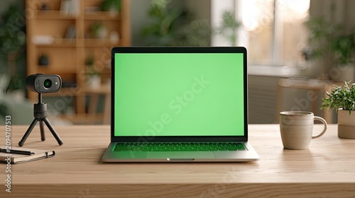 A laptop with a green screen, webcam, and mug sits on a desk