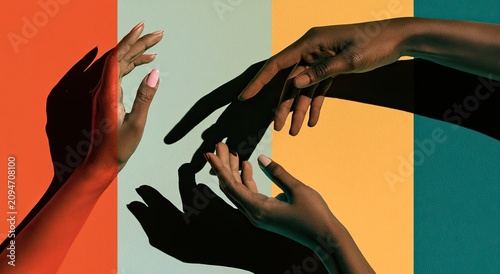 Reaching hands create shadows across segmented, vibrant, textured background