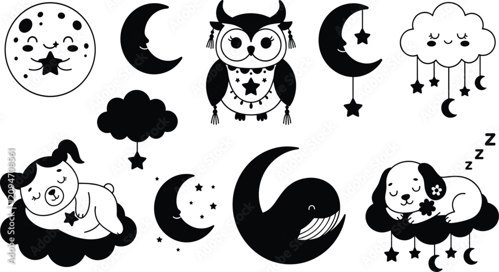 Fototapeta premium Cute Nighttime Sleepy Icon Set Featuring Moon, Stars, Sleeping Animals, and Clouds for Nursery Decor, Baby Bedtime Themes, and Kids Design