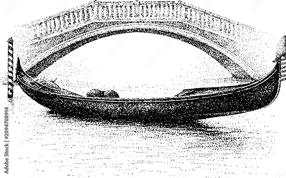 Fototapeta premium Black and white stipple gondola under arched canal bridge with striped mooring pole for venetian background and travel illustration