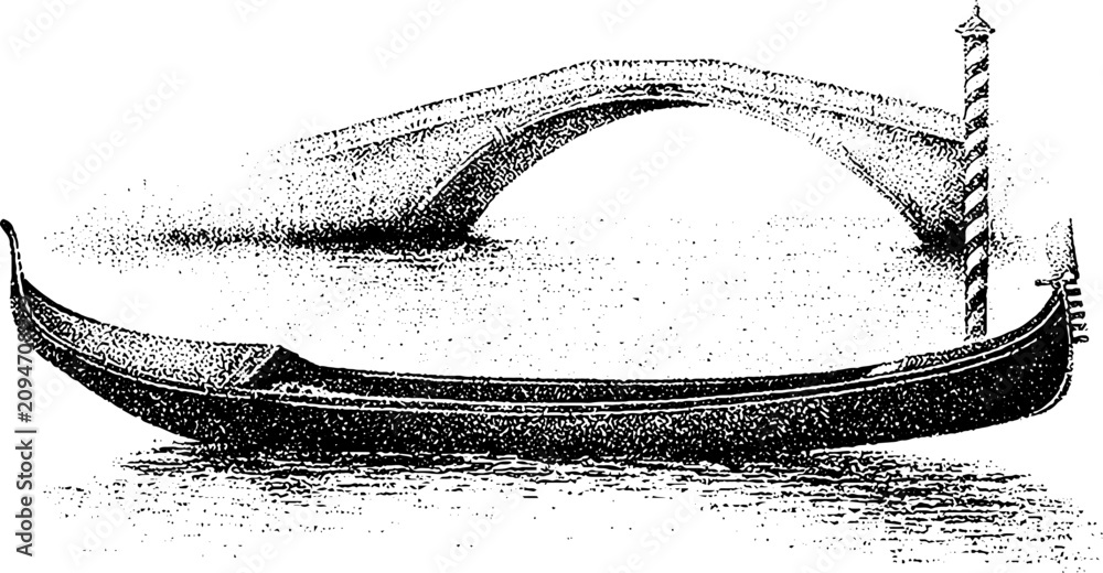 Obraz premium Black and white stippled gondola in front of an arched canal bridge with striped pole for venetian background and travel illustration