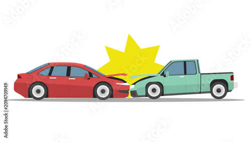 Flat vector illustration depicting a head-on car crash collision. A red sedan and a green pickup truck smash together. Car hood is open. With a yellow explosion flash isolated on a white background.