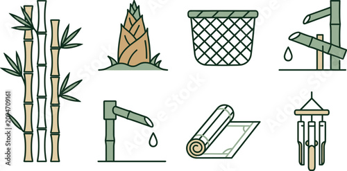 Fotografie Japanese Zen Vector Collection with Bamboo Bamboo Shoot Water Fountain Basket Ta