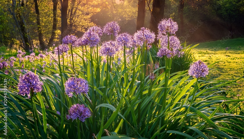 Obraz premium In Spring Wild Purple Garlic Flowers Blooming Amid Lush Green Foliage In A Natural Setting During Spring