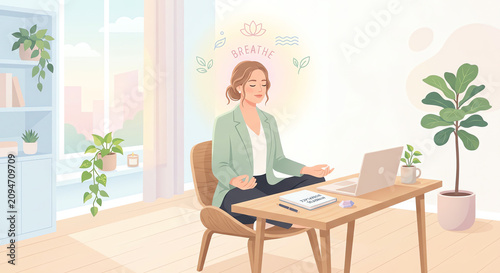 Businesswoman practicing mindfulness meditation and breathing exercises at office desk vector illustration, corporate wellness, mental health and stress relief at workplace concept layout