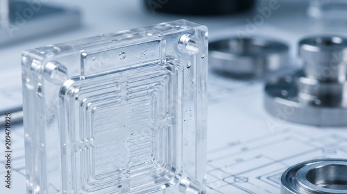 A green sprout grows inside a transparent battery cell on a laboratory workbench with metal components and technical diagrams.