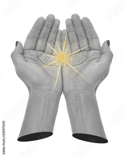 Conceptual art collage with human hands holding a glowing golden star on transparent background. Concept of hope, healing, positive energy and inner light