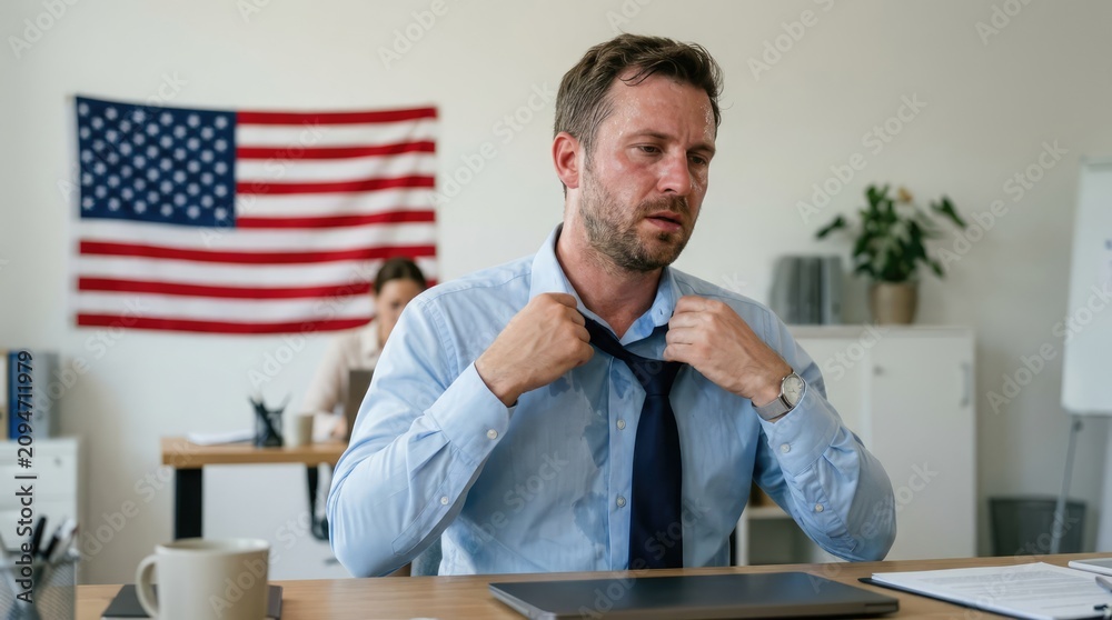 Fototapeta premium A businessman in an office setting, loosening his tie and looking fatigued. An American flag hangs in the background.