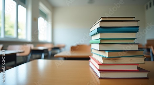 Pila de libros de texto coloridos sobre un escritorio de madera frente a un aula moderna