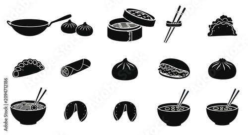 Tableau sur toile Traditional Asian cuisine and dim sum silhouette icons.